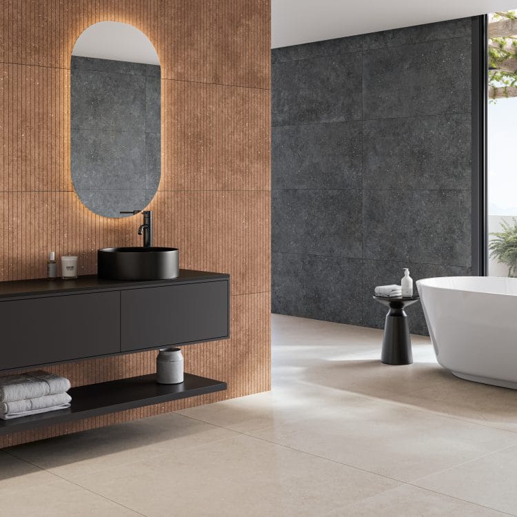 Mixtone grey, dark and Klem Rosso tiles in a bathroom setting