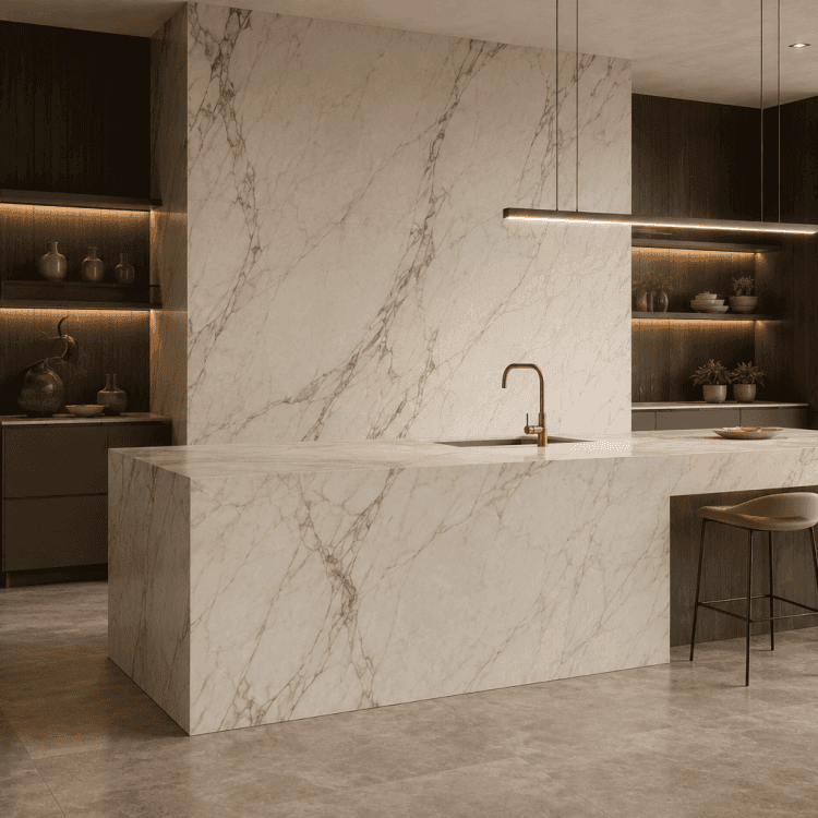 Large format ceramic slab installation and surface design