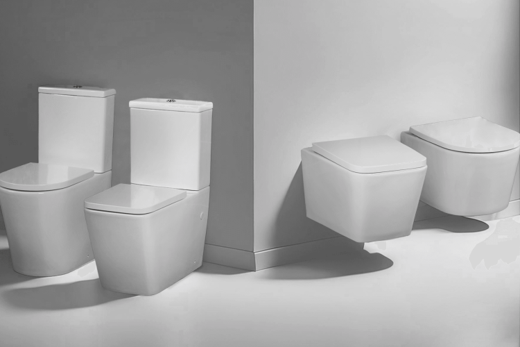 Firefly i want a cinematic shot of wall hung toilet and floor toilet on a monochromatic wall and flo